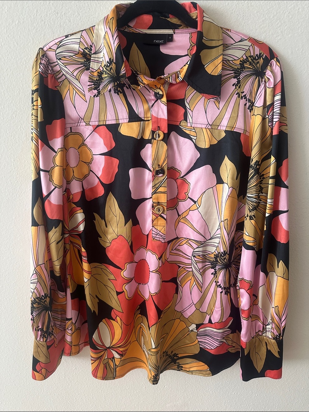 Next Multicolor Silky Floral Button-Down Shirt in Pink, Black & Gold